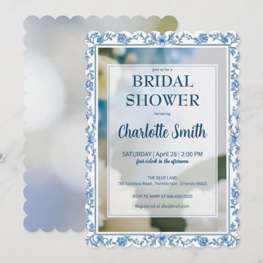 Elegante blauwe bloem chinoiserie bruidsdouche save the date (Voorkant / Achterkant)