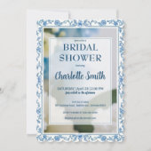 Elegante blauwe bloem chinoiserie bruidsdouche save the date (Voorkant)
