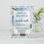 Elegante blauwe bloem chinoiserie bruidsdouche save the date (Staand voorkant)