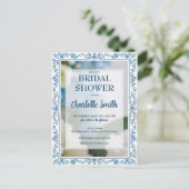 Elegante blauwe bloem chinoiserie bruidssalon briefkaart (Staand voorkant)