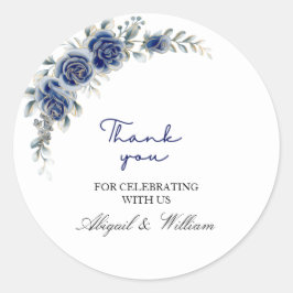 Elegante blauwe bloem- en botanische trouwstickers ronde sticker