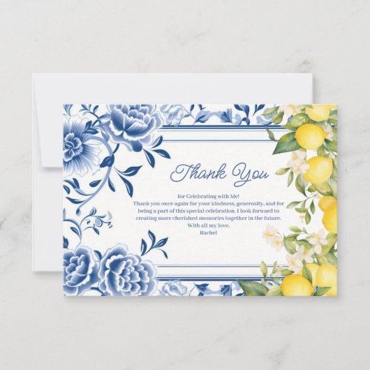 Elegante blauwe bloem en gele citroen bruidsdouche bedankkaart (Voorkant)