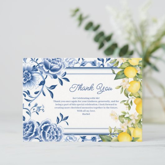 Elegante blauwe bloem en gele citroen bruidsdouche bedankkaart (Staand voorkant)