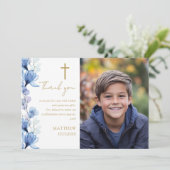 Elegante blauwe bloem fotobevestiging bedankkaart (Staand voorkant)