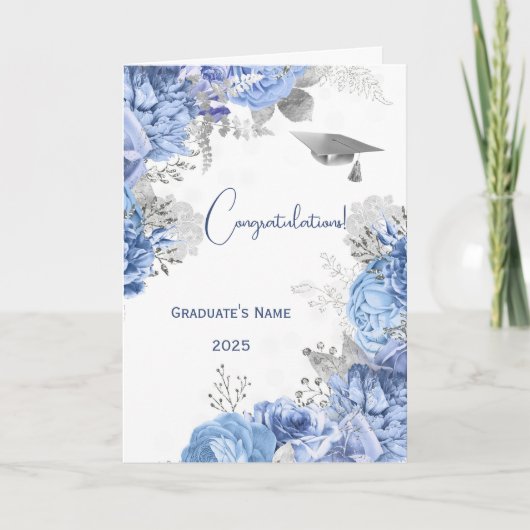Elegante blauwe bloem gepersonaliseerd Afstuderen Kaart (Voorkant)