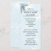 Elegante blauwe bloem gepersonaliseerde bruiloft d menu (Voorkant / Achterkant)