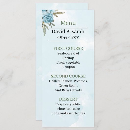 Elegante blauwe bloem gepersonaliseerde bruiloft d menu (Voorkant / Achterkant)