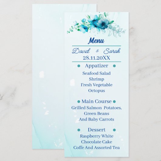 Elegante blauwe bloem gepersonaliseerde bruiloft d menu (Voorkant / Achterkant)