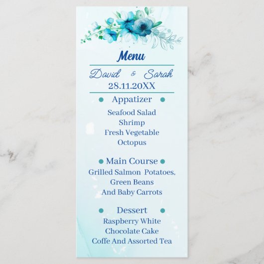Elegante blauwe bloem gepersonaliseerde bruiloft d menu (Voorkant)