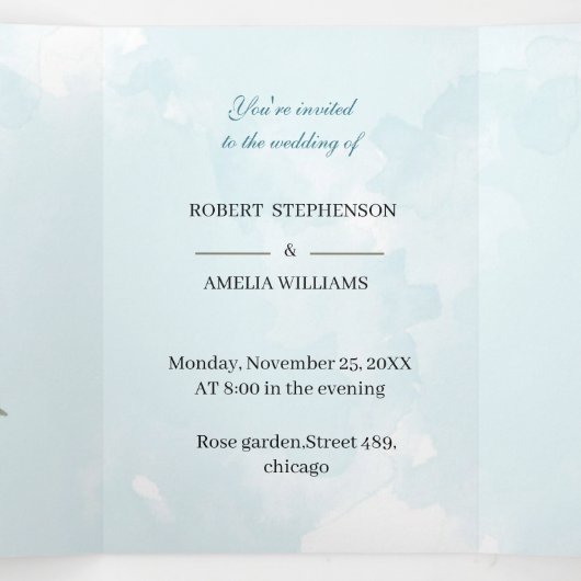 Elegante blauwe bloem gepersonaliseerde bruiloft drieluik uitnodiging (Binnenkant midden)