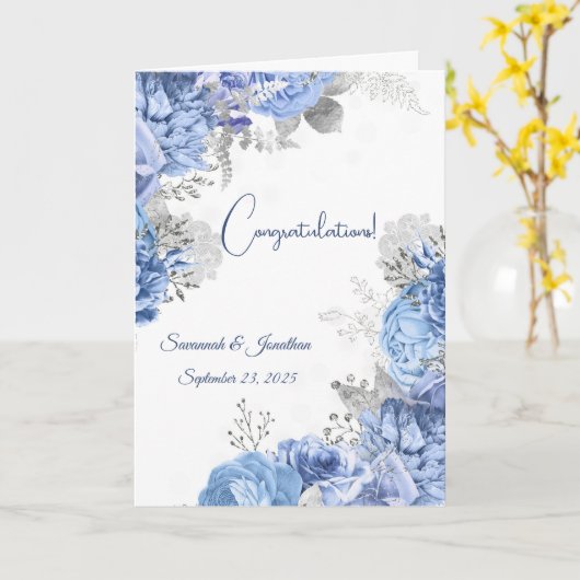 Elegante blauwe bloem gepersonaliseerde bruiloft kaart (Gele Bloem)