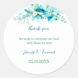 Elegante blauwe bloem gepersonaliseerde bruiloft ronde sticker