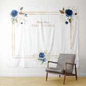 Elegante blauwe bloem gouden jongens baby shower d wandkleed (In Situ (horizontaal))