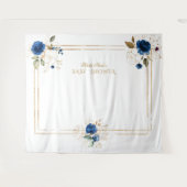 Elegante blauwe bloem gouden jongens baby shower d wandkleed (Voorkant (horizontaal))