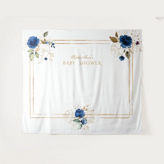 Elegante blauwe bloem gouden jongens baby shower d wandkleed (Voorkant (horizontaal))