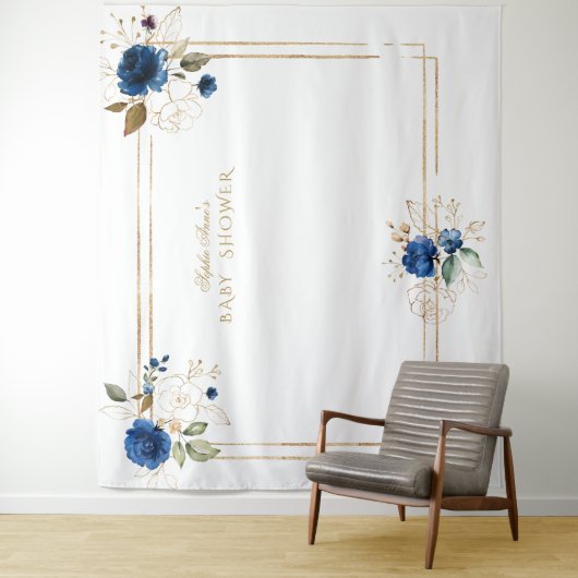 Elegante blauwe bloem gouden jongens baby shower d wandkleed (In situ)