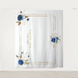 Elegante blauwe bloem gouden jongens baby shower d wandkleed