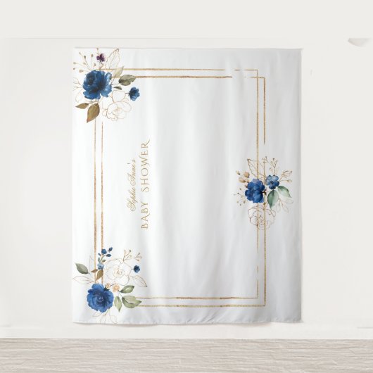 Elegante blauwe bloem gouden jongens baby shower d wandkleed (Voorkant)