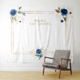 Elegante blauwe bloem gouden jongens babyshower de wandkleed