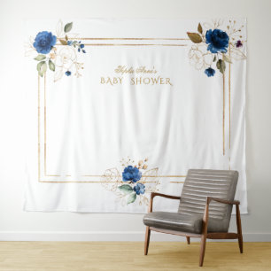Elegante blauwe bloem gouden jongens babyshower de wandkleed