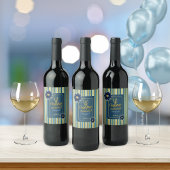 Elegante blauwe bloem gouden streep Happy Birthday Wijn Etiket