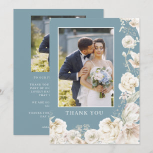 Elegante Blauwe Bloem Gouden Trouwfoto Bedankkaart