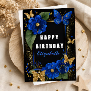 Elegante Blauwe Bloem Gouden Vlinder Verjaardag Kaart