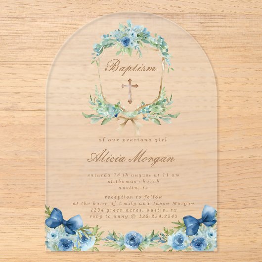 Elegante blauwe bloem kruis doop uitnodiging (Voorkant)