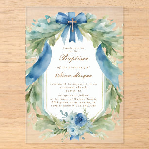 Elegante blauwe bloem kruis doop uitnodiging