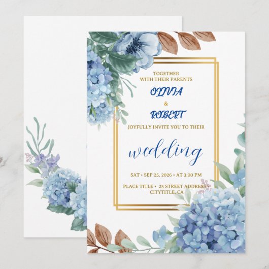 Elegante blauwe bloem met gouden frame kaart (Voorkant / Achterkant)