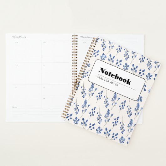 Elegante blauwe bloem notebook planner (Display)