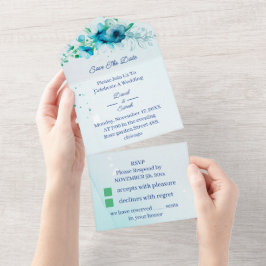 Elegante Blauwe Bloem Persoonlijke Save The Date All In One Uitnodiging