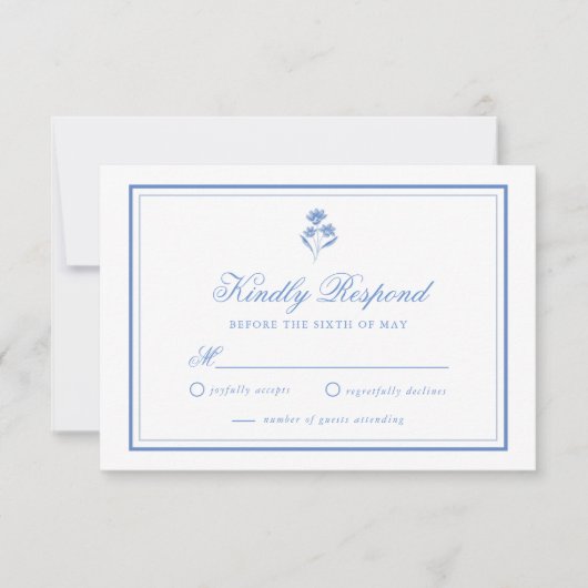 Elegante Blauwe Bloem RSVP Kaart (Voorkant)