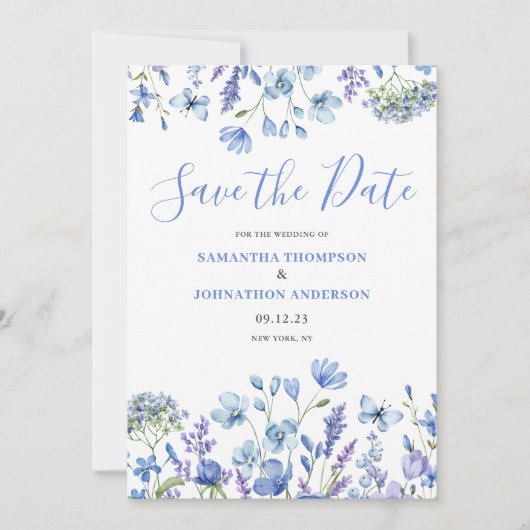 Elegante Blauwe Bloem Save The Date (Voorkant)