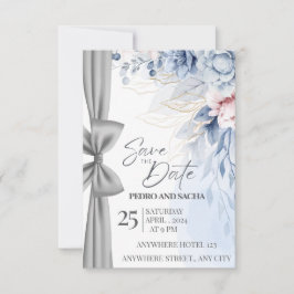 Elegante Blauwe Bloem Save The Date Kaart met Zilv
