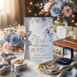 Elegante Blauwe Bloem Save The Date Kaart met Zilv