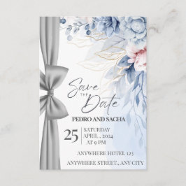 Elegante Blauwe Bloem Save The Date Kaart met Zilv