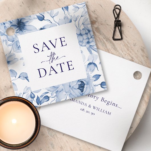 Elegante Blauwe Bloem Save the Date Label