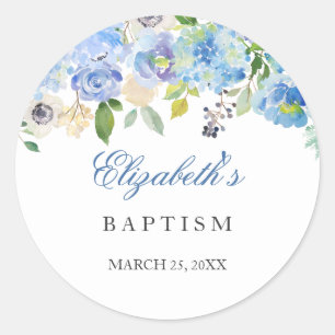 Elegante blauwe bloem sticker voor doop of doopsel