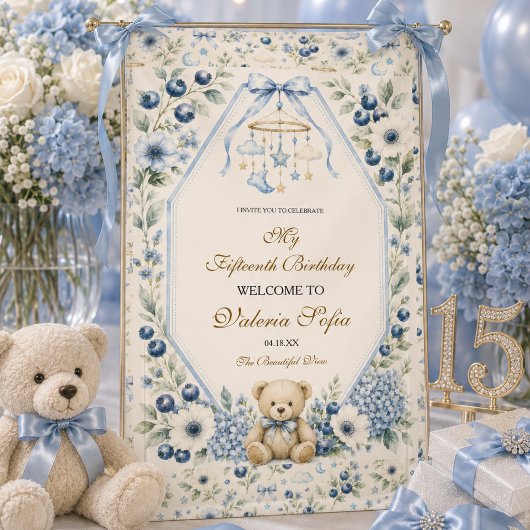 Elegante blauwe bloem teddybeer 15e verjaardagsfee spandoek