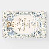 Elegante blauwe bloem teddybeer 15e verjaardagsfee spandoek (Horizontaal)