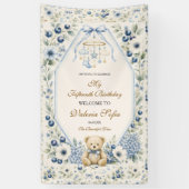 Elegante blauwe bloem teddybeer 15e verjaardagsfee spandoek (Verticaal)