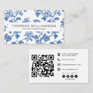 Elegante Blauwe Bloem Toile QR Code Visitekaartje