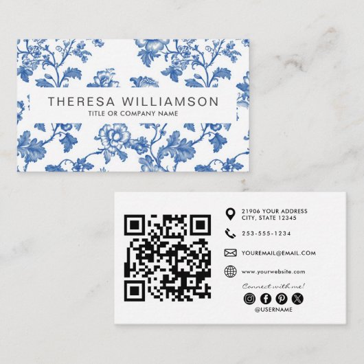 Elegante Blauwe Bloem Toile QR Code Visitekaartje (Voorkant / Achterkant)