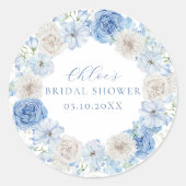 Elegante blauwe bloemachtige bruidsdouche ronde sticker (Voorkant)