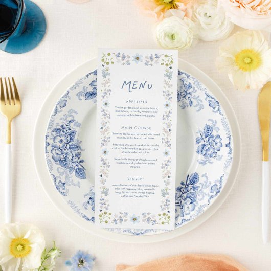 Elegante Blauwe Bloemachtige Bruiloftsborrel Menu