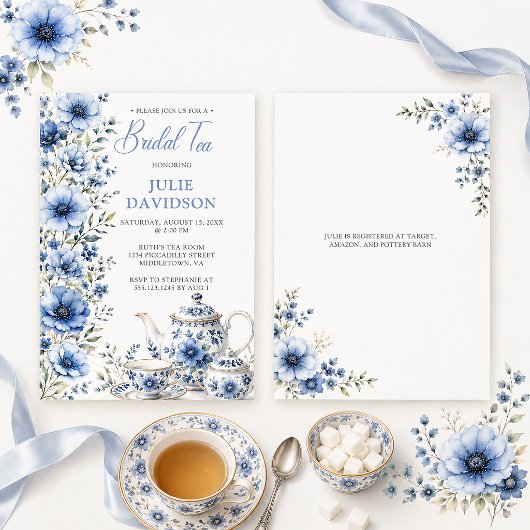 Elegante Blauwe Bloemachtige Bruiloftsthee | Kaart
