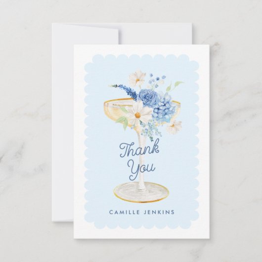 Elegante blauwe bloemblaadjes en Prosecco Bedankkaart (Voorkant)