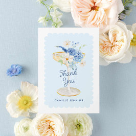 Elegante blauwe bloemblaadjes en Prosecco Bruidsme Bedankkaart