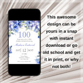 Elegante Blauwe Bloemen 100e Verjaardag Uitnodigin Kaart